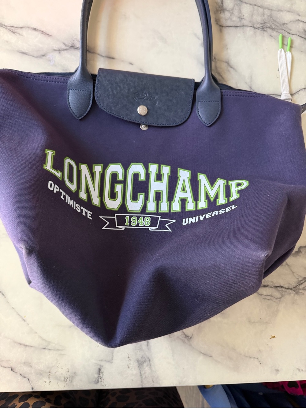Longchamp Navy Canvas Tote with Lime Logo Accents